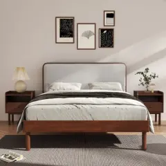 Roundhill Furniture Wyller 3-Piece Bedroom Set, Platform Bed with Two Nightstands, Natural Walnut, Queen