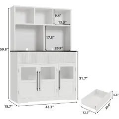 White Pantry Cabinet w/ Wave Glass Doors & Coffee Bar - 60" Tall Storage  200 lb Capacity - For Kitchen, Dining Room, Living Room