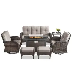 Buenhomino 7PCS Patio Conversation Set Brown Wicker Swivel Patio Chair Sofa Ottoman Set with Side Table and Fire Table PE Rattan Furniture Set