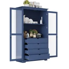 YOOCOZZ Freestanding Kitchen Storage Cabinet,Kitchen Pantry,Display Cabinet with 4 Built-in Drawers and Glass Doors