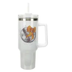 Elanze Designs 40 Ounce Stainless Steel Double Wall Insulated Glitter Travel Tumbler With Handle, Straw, and Lid, Baseball With Orange Bow White