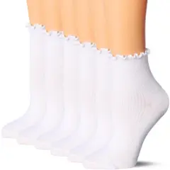 Tipi Toe Womens White Turn-Cuff Solid Lettuce Edge Lightweight Quarter Length Ruffle Socks
