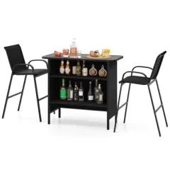 Costway 3 PCS Outdoor Bar Set Bar Height Table & Armchairs with Footrest 2-Tier Shelf Brown/Black/Gray