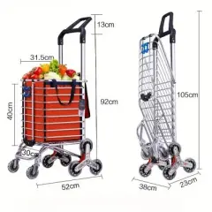 Stair Climbing Collapsible Shopping Carts for Groceries and Hand Truck 2-in-1, Lightweight Utility Cart w/ Waterproof Liner Basket, Elastic Cord, 35L