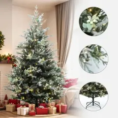 LuxenHome 7Ft Pre-Lit Green Artificial Fir Christmas Tree with Mistletoe Decorations and Metal Stand