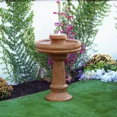 29" Resin Outdoor 2-Tier Traditional Birdbath Water Fountain with LED Lights Brown - Alpine Corporation