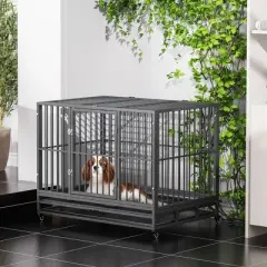 PawHut Heavy Duty Dog Crate Dog cage Kennel with Lockable Wheels, Double Door and Removable Tray, Grey