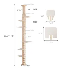 Kumasinova 115" Adjustable Height Floor to Ceiling Cat Tree,Multi-Level Vertical Cat Tower with Scratching Post,Natural Cat Furniture for Indoor Cats