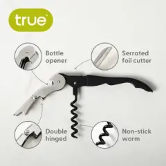 True TrueTap Soft Touch Black Double Hinged Waiter&rsquo;s Corkscrew, Stainless Steel Wine Key with Foil Cutter