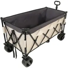 DSVIMOY Foldable Extended Wagon with 480lbs Weight Capacity, Folding Utility Garden Cart with Drink Holders, Gray&Khaki, 50.39"*25.98"*44.88"