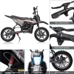 Kids Ride On Dirt Bike,15.5MPH Electric Battery-Powered Off-Road Motorcycle Max Load 175 Lbs,Led Light,Leather Seat