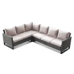 Buenhomino 6-Seater Outdoor Sectional Sofa L Shaped Couch Patio Conversation Furniture Set, Wicker Patio Sectional Sofa with Removable Cushion