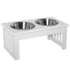 MaseiKar 6"Height Small Puppy Dog Feeding Station,Stainless Steel Elevated Dog Bowls with Modern Wooden Frame,Dog Food Stand Pet Feeding Station,White