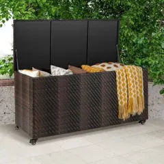 WELLFOR 96gal Outdoor PE Wicker Storage Box with 4 Wheels for Gardening Tools Brown