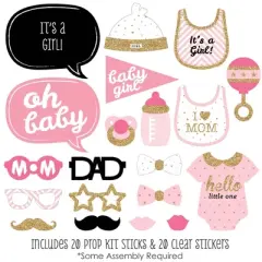 Big Dot of Happiness Hello Little One - Pink and Gold - Girl Baby Shower Photo Booth Props Kit - 20 Count