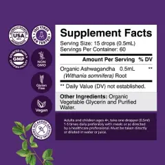 Organic Ashwagandha Drops, Adaptogenic Pure Ashwagandha Tincture for Energy Stress and Mood Support, Nature's Craft, 30mL