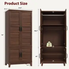 Armoire Wardrobe Closet with 4 Doors,72" Wooden Wardrobe Cabinet with Hanging Rod, Freestanding Tall Clothing Armoire Cabinet