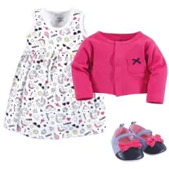 Little Treasure Baby Girl Cotton Dress, Cardigan and Shoe 3pc Set, Happy Rainbow