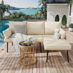 3-Piece L-Shaped Patio Furniture Set, Outdoor Conversation Sofa Set with PE Wicker