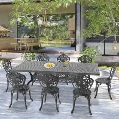 9-Piece Patio Set: Rectangle Table & 8 Chairs - Cast Aluminum, All-Weather/Umbrella Hole & Adjustable Legs for Balcony/Backyard