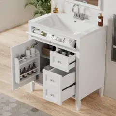 LOVSON 30'' Modern Bathroom Vanity with Countertop Sink, Two Drawers and a Pull-Out Drawer, Modern Bathroom Storage Cabinet, White