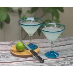 Dos Sue&ntilde;os Mexican Hand Blown Modern Margarita Glasses - Aqua Rim - 12oz - Set of 2
