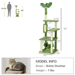 SKYONE Indoor Cat Tree with Sisal Scratching Posts, Hammock, Multi-Level Perches & Condo - Green