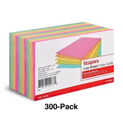 Staples 3" x 5" Line Ruled Assorted Neon Index Cards 300/Pack (50998) TR50998