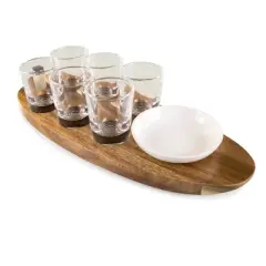 Picnic Time 9pc Cantinero Shot Glass Serving Set: Hardwood & Glass Shooter Tray for Parties & Events