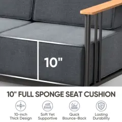 Belord Patio Couch with 10" Thick Seat Cushion, Metal Outdoor Sofa with Faux-Wood Armrest and Deep Seat, Luxury Comfort Pure Foam Cushion for Balcony