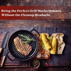 Alva Nori Enameled Cast Iron Griddle Pan 11" Non Toxic Grooved Ridges Seasoned Round Grill Pan Compatible w/ All Stovetops Oven Safe & Induction Safe