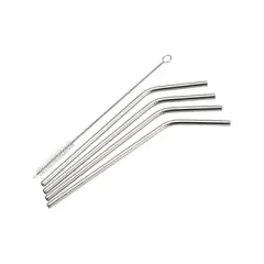 Winco Stainless Steel Curved Drinking Straw, with Cleaning Brush, 4 Pieces, 8"