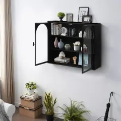 27.56" 3-Tier Storage Shelf Glass Door Wall Cabinet with Characteristic Woven Pattern - ModernLuxe