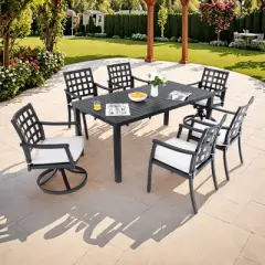7-Piece Outdoor Dining Set, Dining Set with Swivel Rockers and Stationary Chairs, Chairs with Aluminium Frame and Foam Cushions-Coolbibila