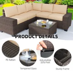 6 Pieces Outdoor Patio Furniture Set, Wicker Patio Conversation Set Sectional Sofa, Brown Patio Sofa with 5 Navy Blue Cushions and 1 Coffee Table