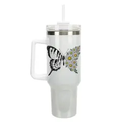 Elanze Designs Butterfly Wings Daisy Flowers 40 oz. Stainless Steel, Large Water Bottle Coffee Mug, Spill & Leak Resistant, Thermal Travel Tumbler
