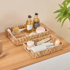 BRINJOY 2-Piece Water Hyacinth Tray Set - Handwoven Storage Trays with Handles (12.6" & 11" Rectangular Organizer)