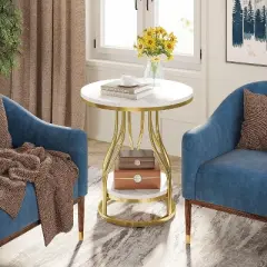 Tribesigns Modern Round Side Table, 2-Tier End Table with Storage for Couch Side, Sofa Side Table with Metal Frame for Living Room
