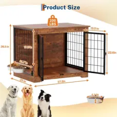 Dog Crate Furniture with 360&deg; Rotating Feeder, Wooden Crate End Table with 2 Doors, Anti-Chew Anti-Escape, Heavy Duty Indoor Kennel Cage