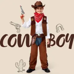 Joyfy Kids Brown Cowboy Western Halloween Costume Set, Deluxe Cowboy Outfit Set with Hat for Boys Halloween Dress-up Role Play Party