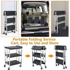 Heavy Duty 3-Shelf Rolling Cart Commercial Foldable Utility Cart with Wheels 330 Lbs Capacity Collapsible Service Cart Black