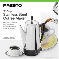 Presto Stainless Steel Coffee Maker, 12 Cup Robust Percolator Coffee Machine for Kitchens with Filter Basket and Signal Light, Silver