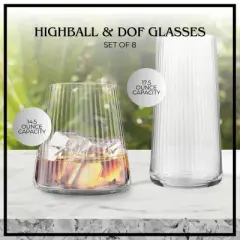 Artland Soho Optic 14.5 oz Double Old Fashion & 17.5oz Highball Glasses, 8-Piece Set, Modern Design Barware Glasses, Elegant Durable & Stylish Bar