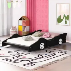 Okak Platform Bed Frame with Wheels and Race Car-Shaped Bedroom Furniture for Kids Noise-Free Bed Strong Wood Slats Easy Assembly