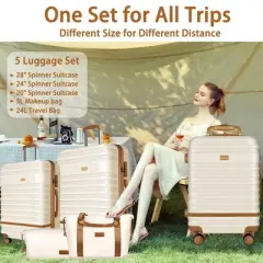 Musment 5 Piece Luggage Sets ABS Hardshell Lightweight Suitcase with TSA Lock and Double Spinner Wheels , Ivory white