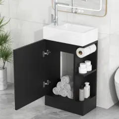 KWPZQEB Bathroom Vanity with Ceramic Sink, Bathroom Vanity Cabinet with 2-Tier Shelf & Door, Wooden Cabinet with Sink