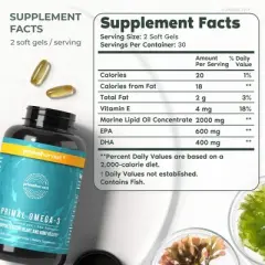 Primal Harvest Omega 3 Fish Oil Supplements, 30 Servings Soft Gels Capsules w/ 1000mg EPA + DHA Supplements, No Fishy Burps Non-GMO Omega 3 Fatty Acid