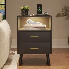 Vlsrka LED Night Stand with Charging Station, 3-Color Dimmable Lights, Modern Bedroom Bedside Table with Drawers, Open Shelf, Metal Legs