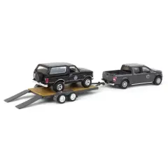 Greenlight Collectibles 1/64 2018 Ford F-150 Truck & 1992 Ford Bronco on Flatbed Trailer Montana Livestock Association Hitch & Tow 11 31150-C