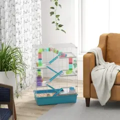 PawHut 32" Hamster Cage, 6 Tier Small Animal Cage with Tubes and Tunnels, Hut, Wheel, Food Dish, Water Bottle, Ramps, for Dwarf & Gerbil, Light Blue